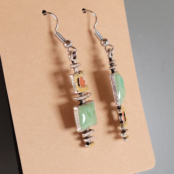 Boho Green Orange Dangle Earrings Pierced Silver Tone 1.9" Drop Jewelry Gift Bag - Picture 5 of 10